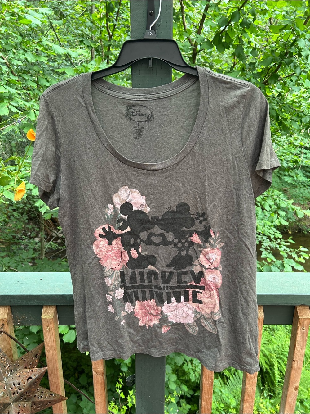 Disney Charcoal Tee with Pink Floral Mickey & Minnie Silhouettes